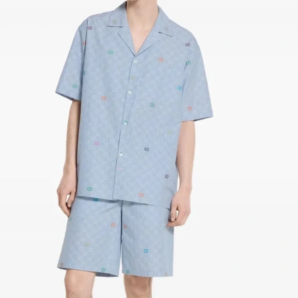 Gucci Blue Striped Short Sleeves Cotton Bowling Shirt